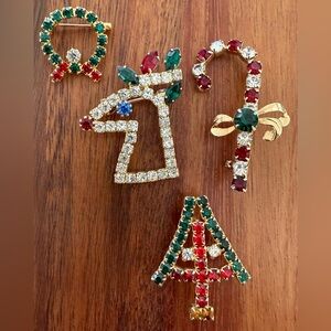 VTG Brooch Pin Lot 4 Reindeer Wreath Candy Cane Christmas Tree